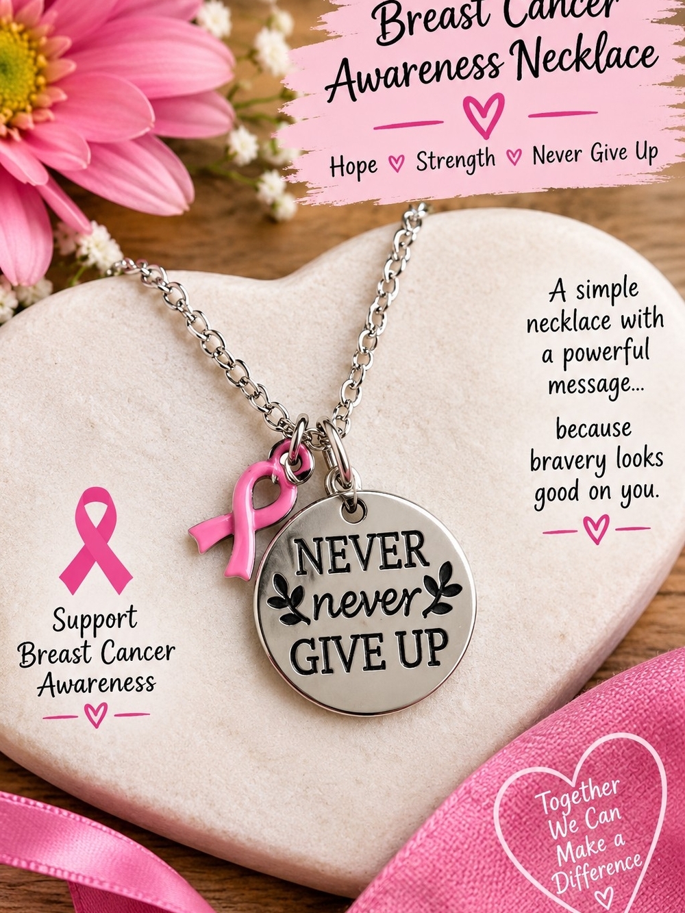 Breast Cancer Awareness 'Never Give Up' Necklace with Pink Ribbon